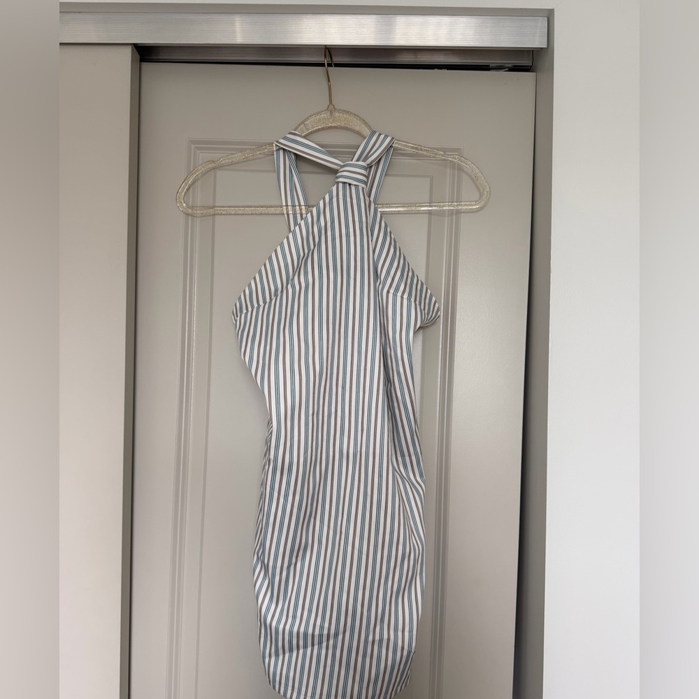 SHEIN Blue and White Backless Halter Dress